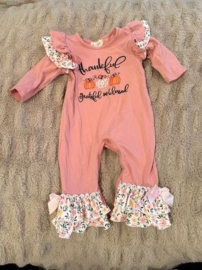 Thankful Pink Floral Ruffle Baby One-Piece